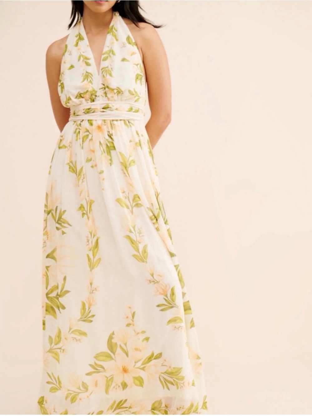 FARM Rio x Anthropologie Botanical Floral Halter Maxi Dress – Ivory. EUC